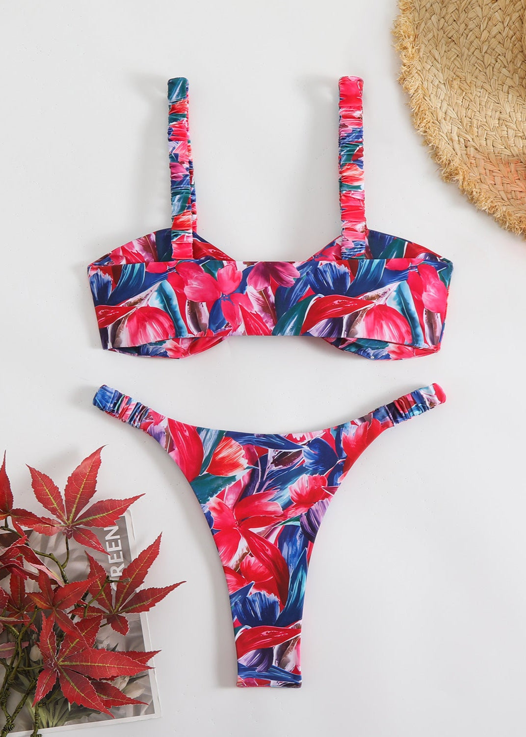 Tropic Bloom Ruched Strap Bikini Set  GEMMACHIC