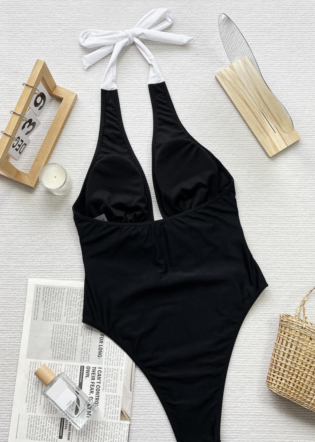 Monaco Bow - Halter Neck One Piece Swimsuit with White Front Tie  GEMMACHIC