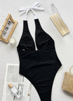 Monaco Bow - Halter Neck One Piece Swimsuit with White Front Tie  GEMMACHIC