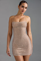 Embellished Halterneck A-Line Mini Dress in Almond  GEMMACHIC