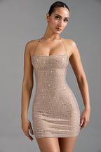 Embellished Halterneck A-Line Mini Dress in Almond  GEMMACHIC