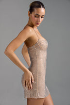 Embellished Halterneck A-Line Mini Dress in Almond  GEMMACHIC