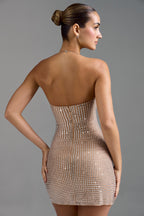 Embellished Halterneck A-Line Mini Dress in Almond  GEMMACHIC