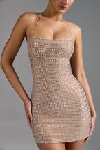 Embellished Halterneck A-Line Mini Dress in Almond  GEMMACHIC
