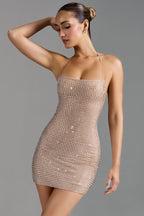 Embellished Halterneck A-Line Mini Dress in Almond  GEMMACHIC