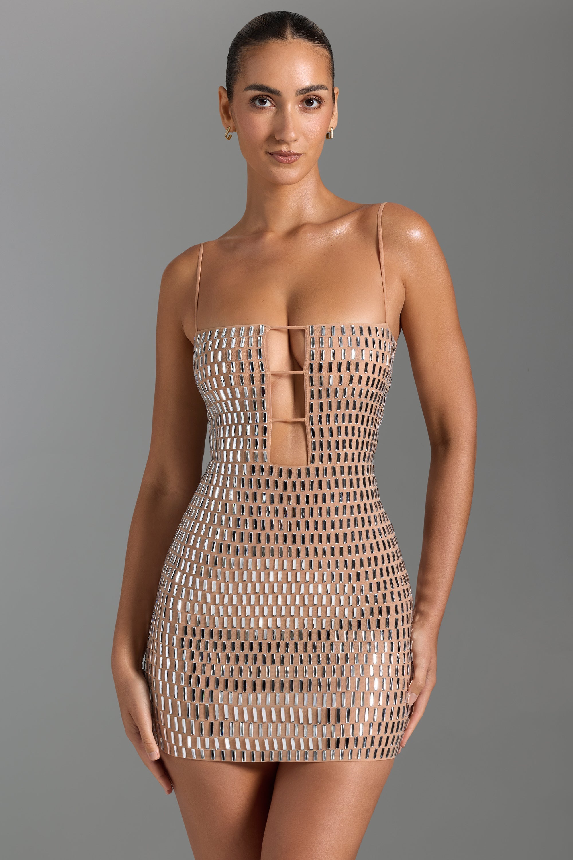 Embellished Cut-Out Mini Dress in Honey  Gemma Chic