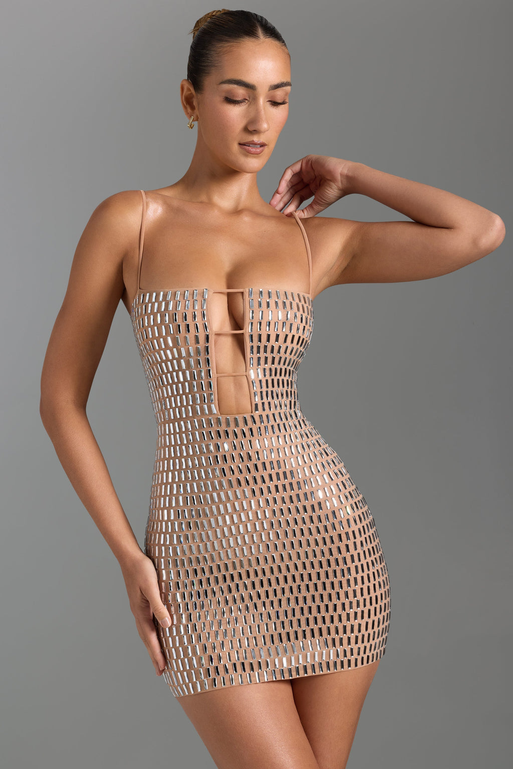 Embellished Cut-Out Mini Dress in Honey  Gemma Chic