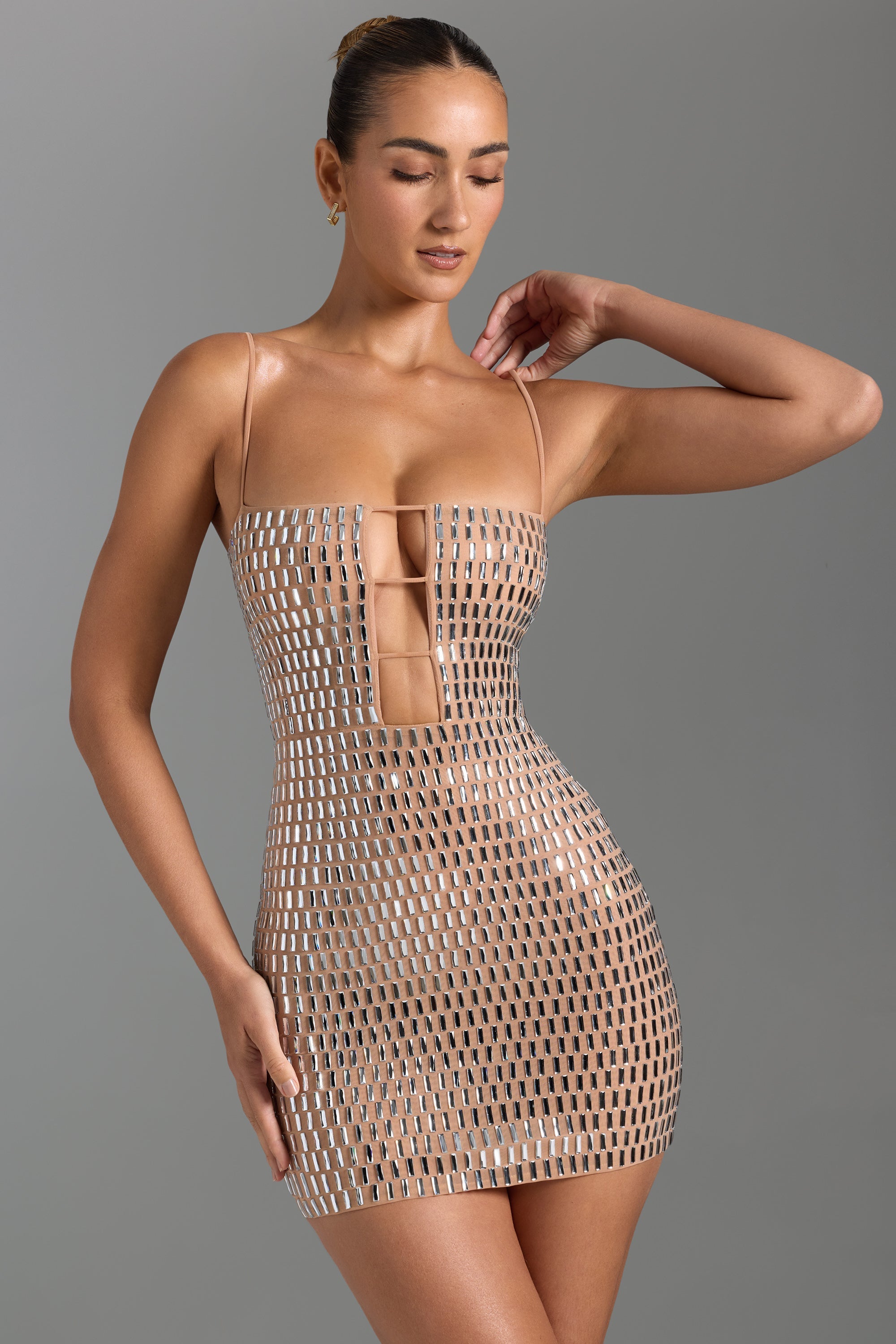 Embellished Cut-Out Mini Dress in Honey  Gemma Chic