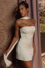 Scarf-Detail Strapless A-Line Mini Dress in Ivory  Gemma Chic