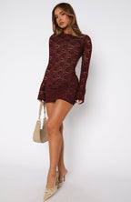 Naughty Or Nice Long Sleeve Lace Mini Dress Burgundy  GEMMACHIC