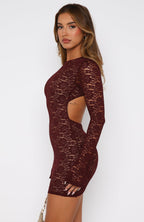 Naughty Or Nice Long Sleeve Lace Mini Dress Burgundy  GEMMACHIC