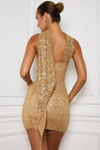 Embellished Scarf-Detail Mini Dress in Gold  Gemma Chic
