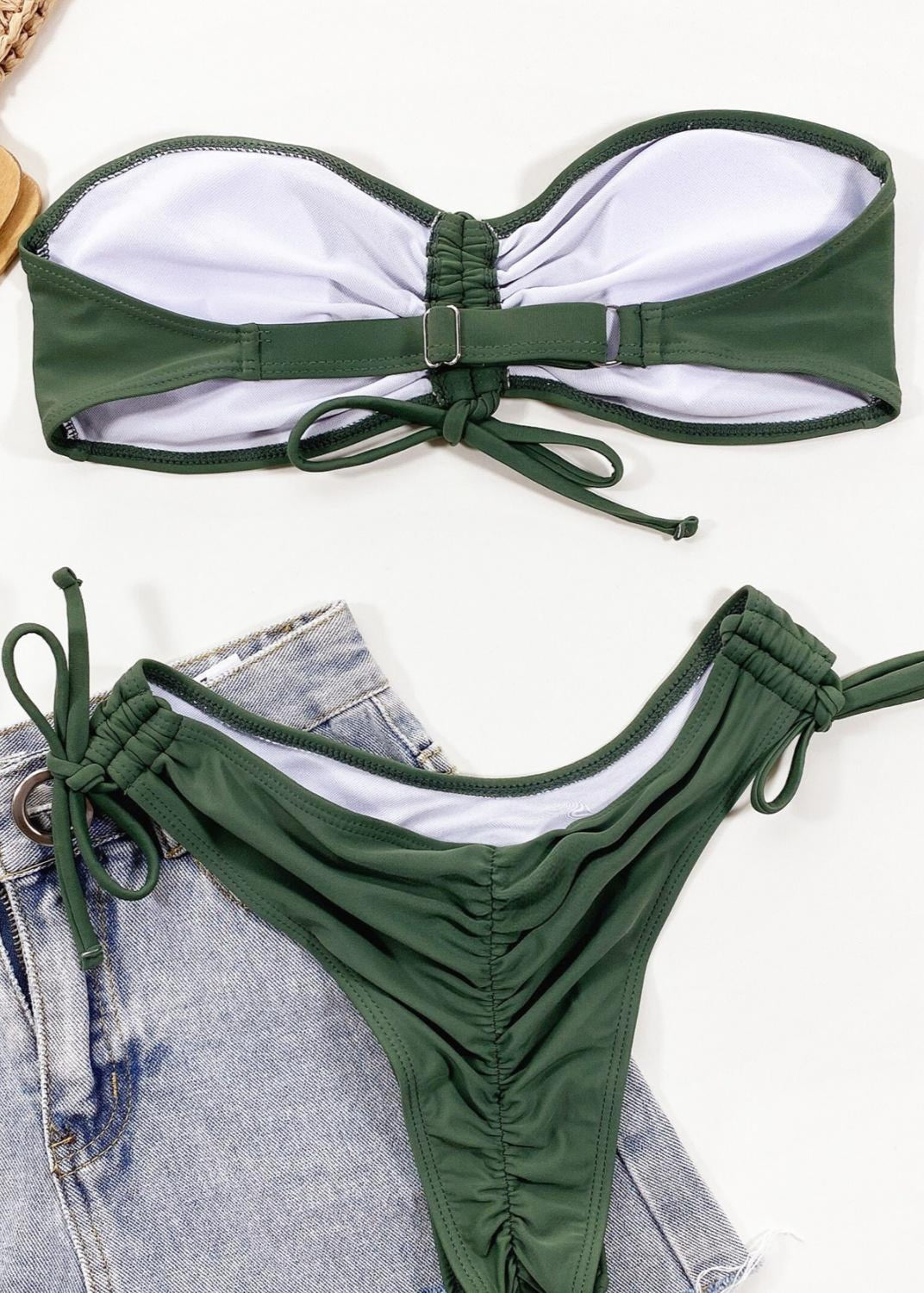 Sierra Dune - Olive Bandeau Bikini with Ruched Tie Bottom  GEMMACHIC