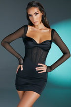 Long Sleeve Mesh Mini Dress in Black  Gemma Chic
