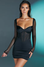 Long Sleeve Mesh Mini Dress in Black  Gemma Chic