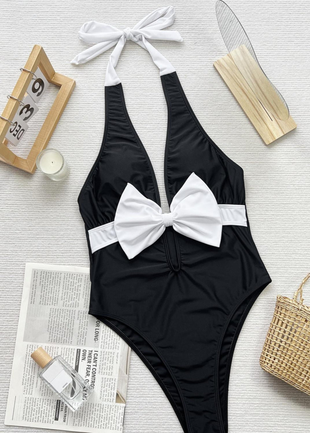 Monaco Bow - Halter Neck One Piece Swimsuit with White Front Tie  GEMMACHIC