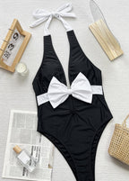 Monaco Bow - Halter Neck One Piece Swimsuit with White Front Tie  GEMMACHIC