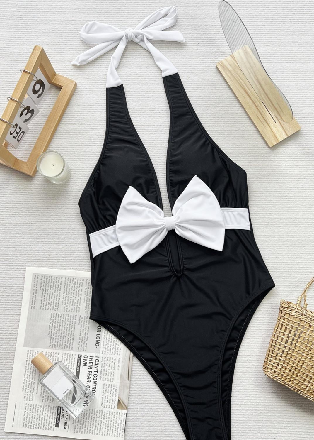 Monaco Bow - Halter Neck One Piece Swimsuit with White Front Tie  GEMMACHIC