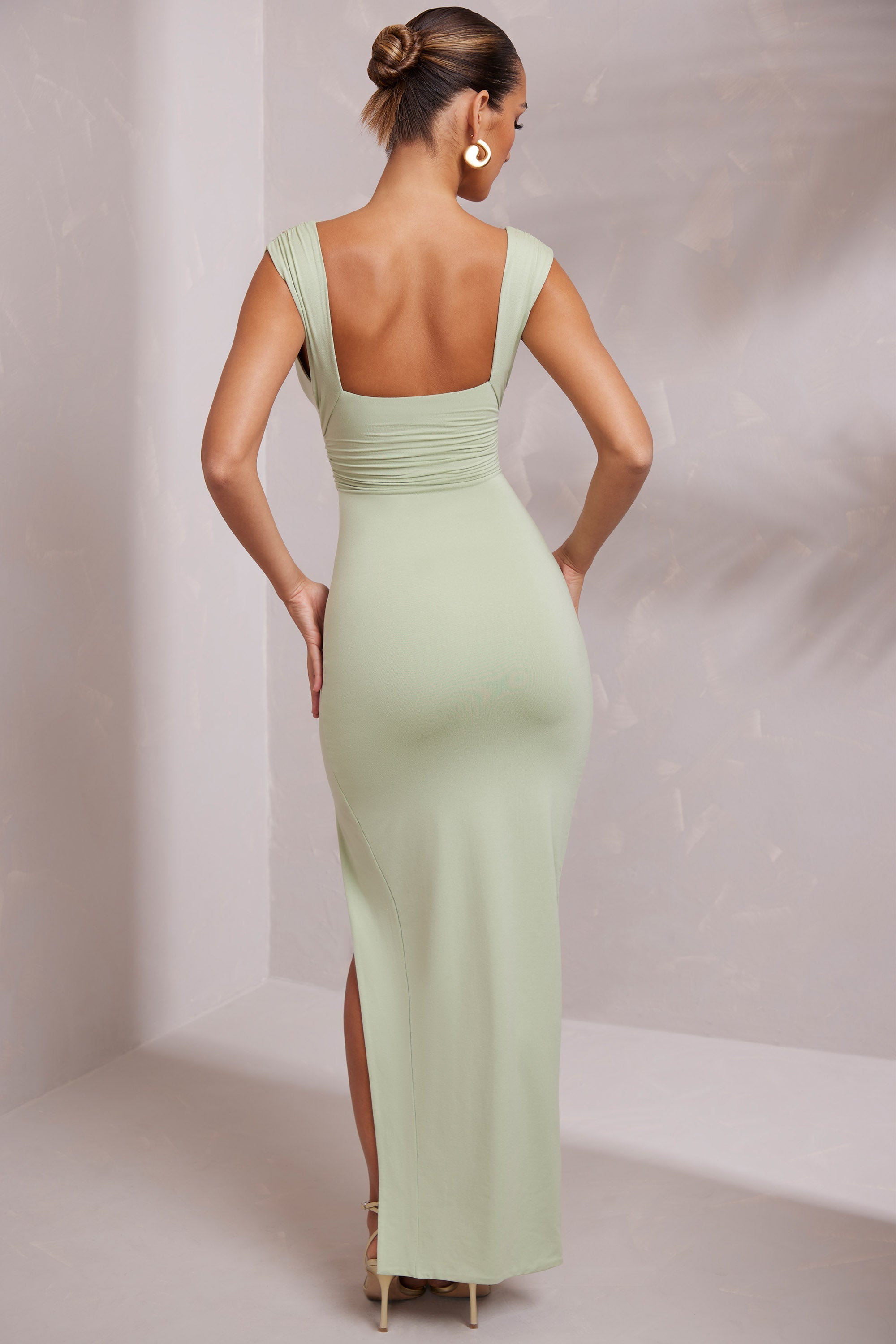 High Split Plunge Neck Maxi Dress in Sage  Gemma Chic