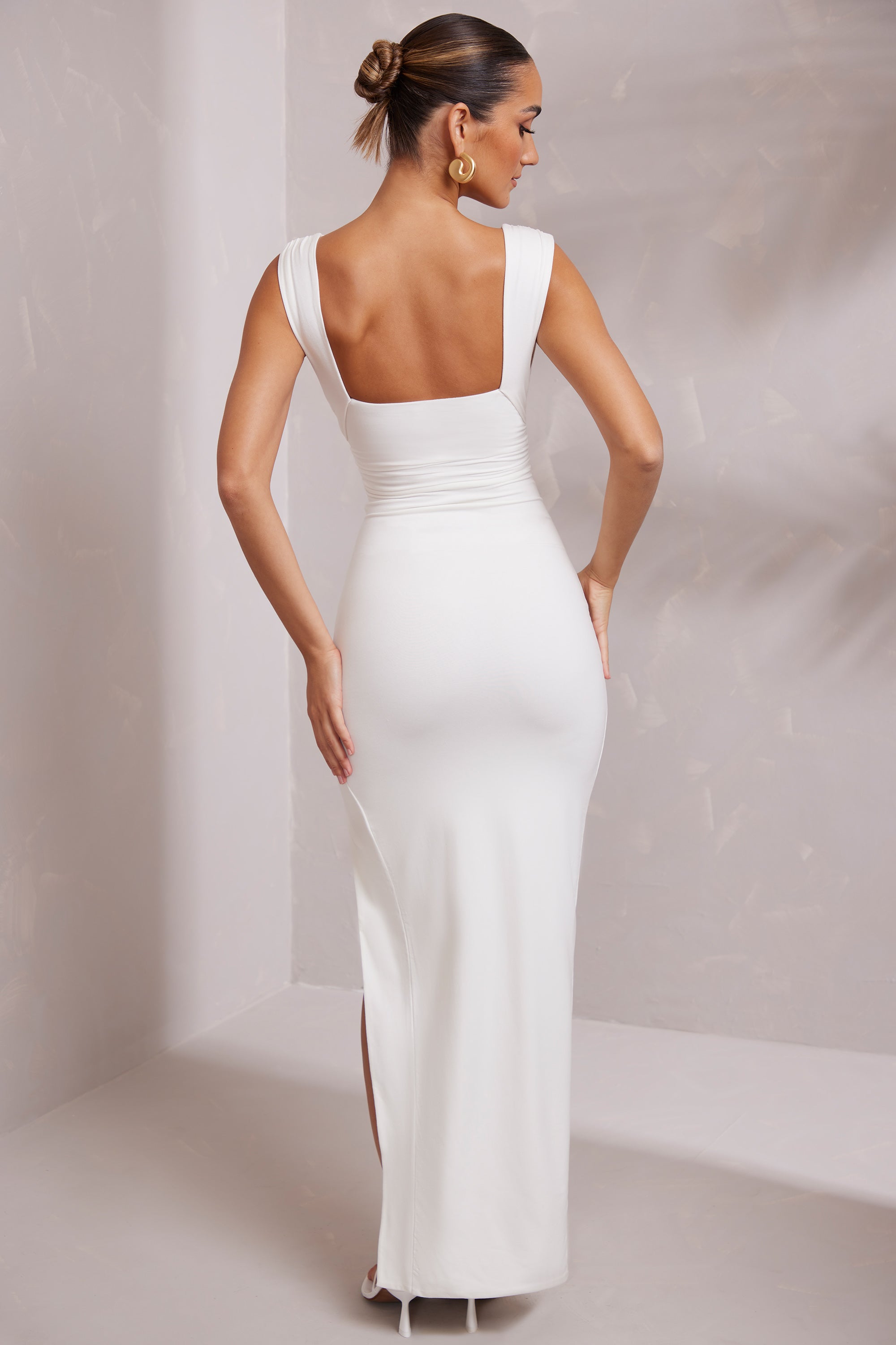 High Split Plunge Neck Maxi Dress in White  Gemma Chic