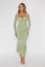 Nadia Long Sleeve Fishtail Midi Dress Mint  GEMMACHIC