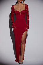 Embellished Side Split Maxi Dress in Red  Gemma Chic