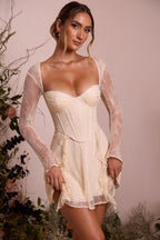 Long Sleeve Lace Corset Mini Dress in Ivory  Gemma Chic