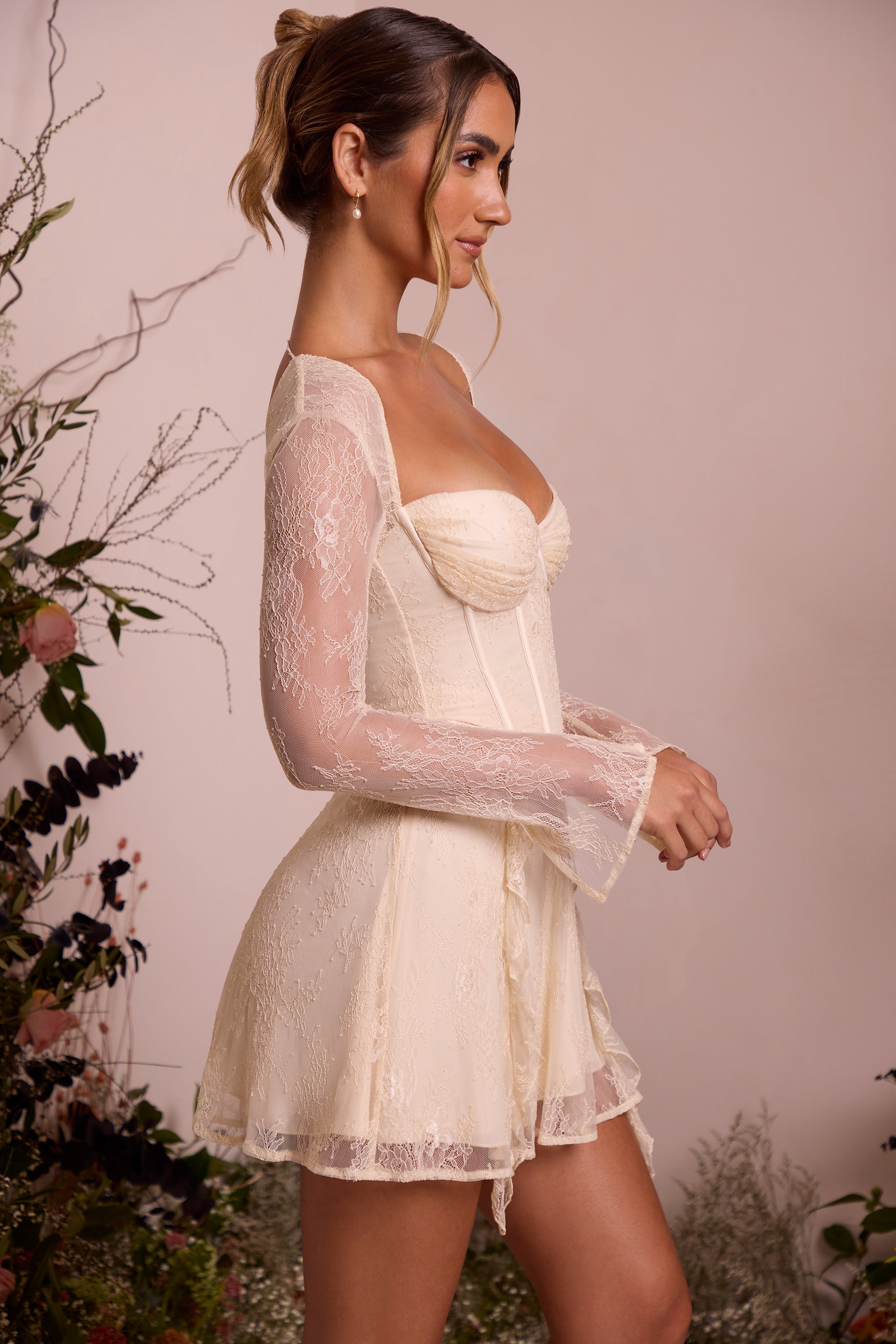 Long Sleeve Lace Corset Mini Dress in Ivory  Gemma Chic