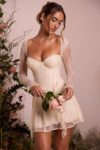 Long Sleeve Lace Corset Mini Dress in Ivory  Gemma Chic