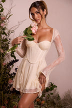 Long Sleeve Lace Corset Mini Dress in Ivory  Gemma Chic