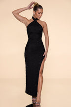 Embellished High Neck Split Maxi Dress in Black  Gemma Chic