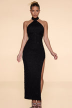 Embellished High Neck Split Maxi Dress in Black  Gemma Chic