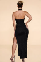 Embellished High Neck Split Maxi Dress in Black  Gemma Chic