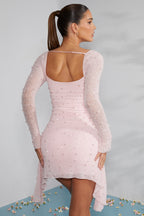 Long Sleeve Embellished Cowl Neck Mini Dress in Blush  Gemma Chic