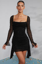 Long Sleeve Embellished Cowl Neck Mini Dress in Black  Gemma Chic