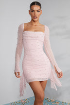 Long Sleeve Embellished Cowl Neck Mini Dress in Blush  Gemma Chic