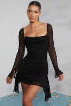 Long Sleeve Embellished Cowl Neck Mini Dress in Black  Gemma Chic