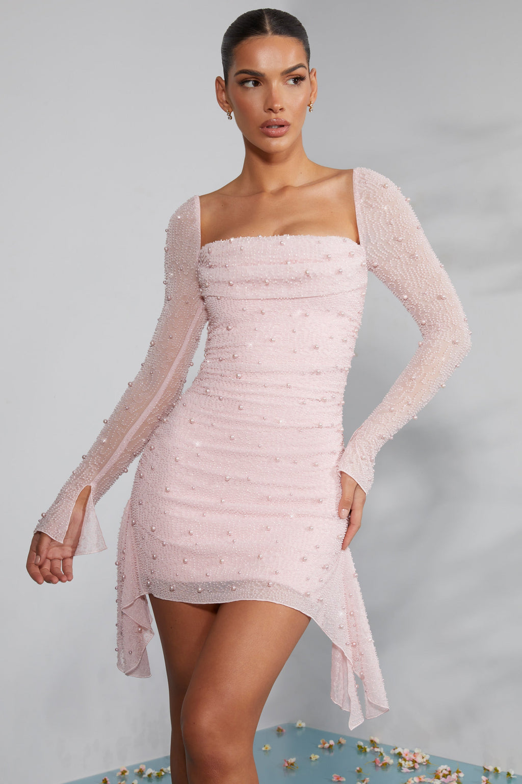 Long Sleeve Embellished Cowl Neck Mini Dress in Blush  Gemma Chic
