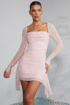 Long Sleeve Embellished Cowl Neck Mini Dress in Blush  Gemma Chic