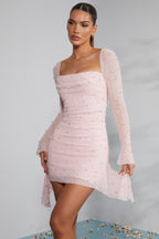 Long Sleeve Embellished Cowl Neck Mini Dress in Blush  Gemma Chic