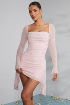 Long Sleeve Embellished Cowl Neck Mini Dress in Blush  Gemma Chic