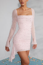 Long Sleeve Embellished Cowl Neck Mini Dress in Blush  Gemma Chic