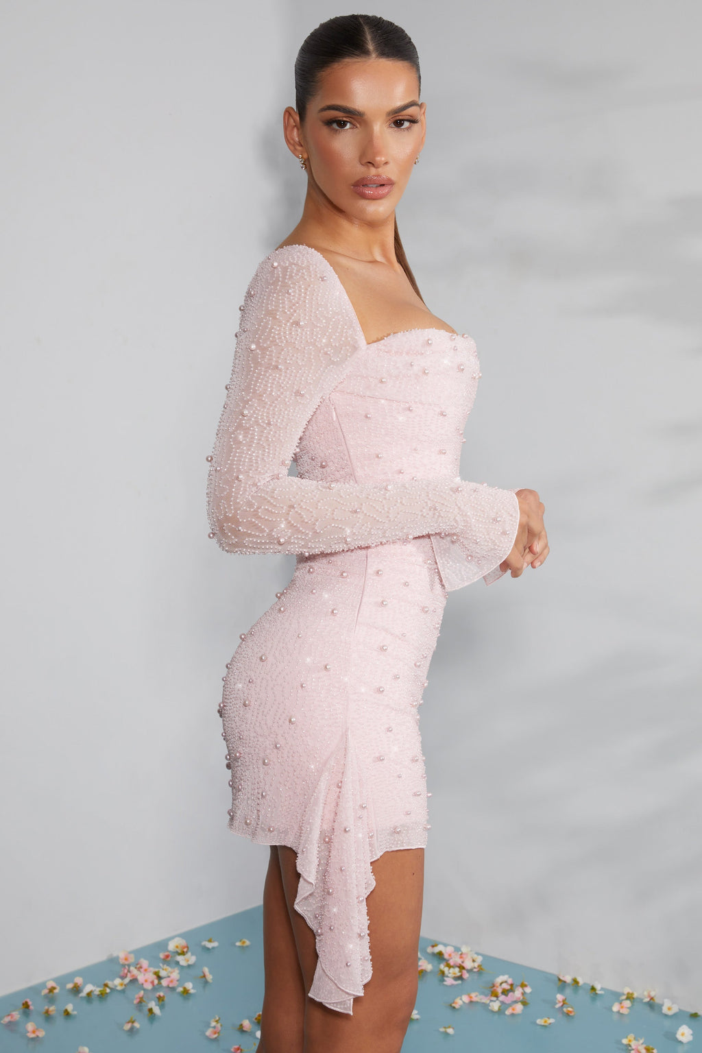 Long Sleeve Embellished Cowl Neck Mini Dress in Blush  Gemma Chic