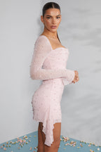 Long Sleeve Embellished Cowl Neck Mini Dress in Blush  Gemma Chic
