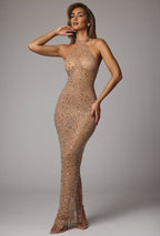 Sheer Embellished High Neck Evening Gown in Almond  Gemma Chic