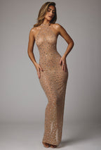 Sheer Embellished High Neck Evening Gown in Almond  Gemma Chic