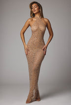 Sheer Embellished High Neck Evening Gown in Almond  Gemma Chic