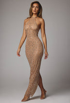 Sheer Embellished High Neck Evening Gown in Almond  Gemma Chic