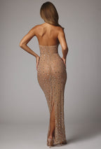 Sheer Embellished High Neck Evening Gown in Almond  Gemma Chic
