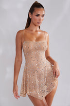 Sheer Embellished Scoop Neck Mini Dress in Almond  Gemma Chic